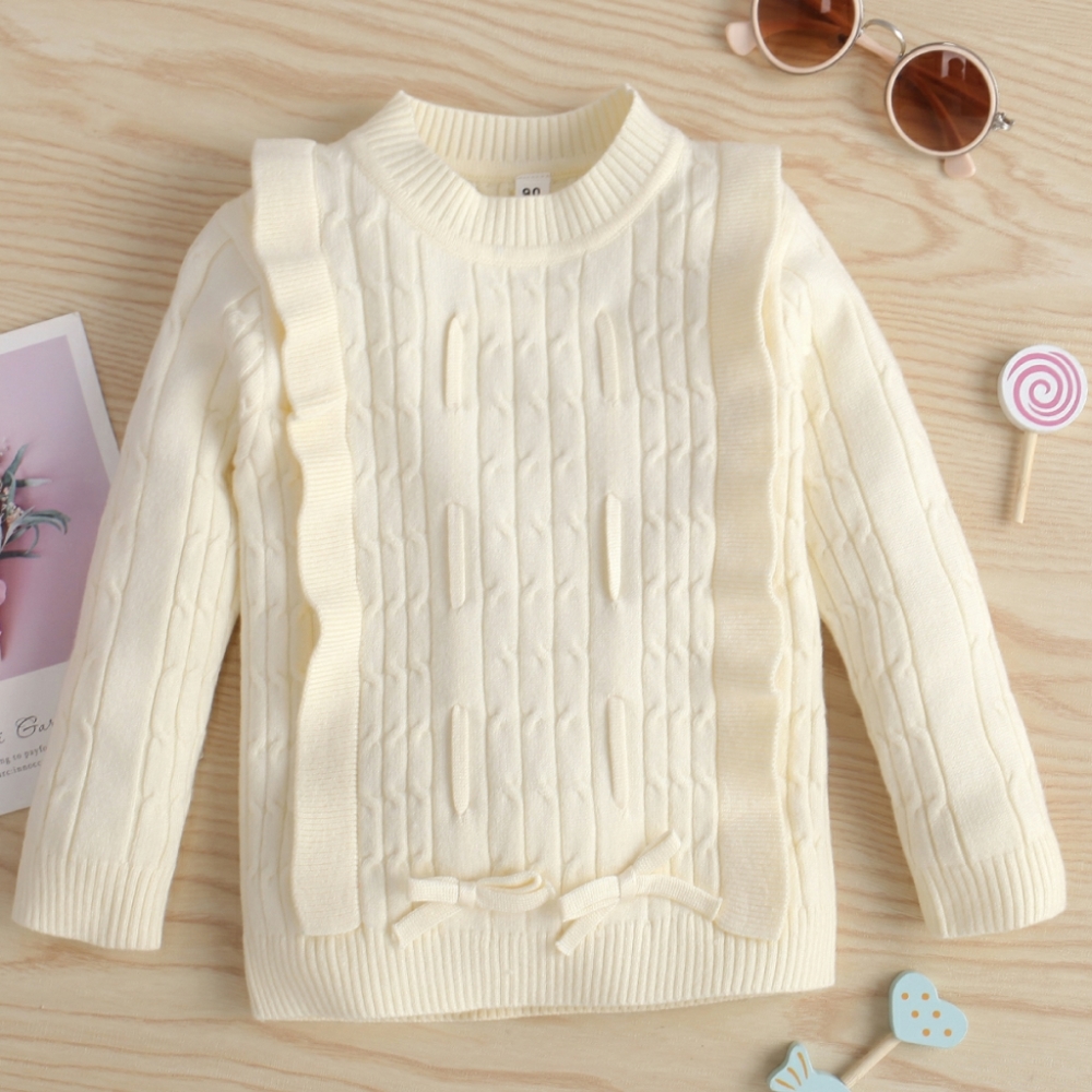 Girls Solid Ruffle Decoration Pullover Sweater
